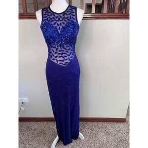 Precious Formals Vintage Silk Beaded Sequin Gown Blue Maxi Dress Keyhole Back